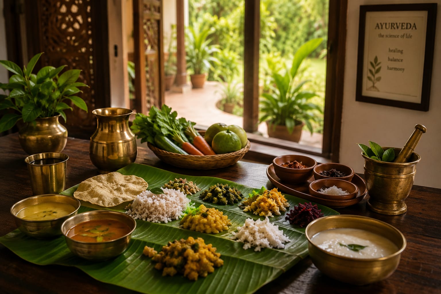 Ayurvedic dining spread on a banana leaf